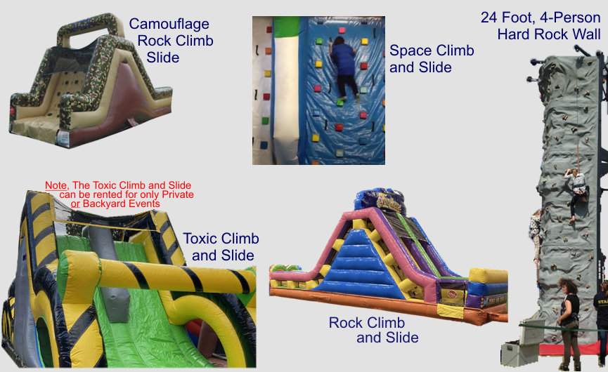 Rock Climbing Rentals: Camouflage Rock Climb Wall, Space Climb and Slide, 4-Person Hard Rock Wall, Toxic Climb and Slide, Rock Climb and Slide Inflatable